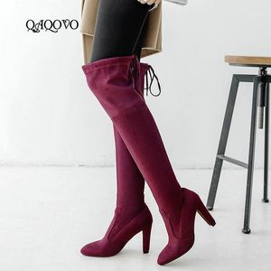 2020 Stretch Over the Knee Boots Women's Winter Shoes Flock läderlårstövlar Slip på Autumn Fashion High Heels Ladies Shoes1