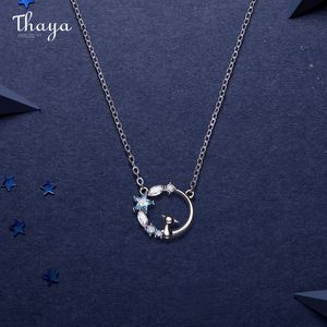 Thaya Cute Cat Star Blue Crystal Naszyjniki Milsze Noc Dream Silver Color Naszyjnik Design Dla Kobiet Fine Jewelry Prezent Q0531