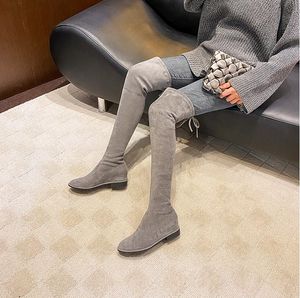 膝の女性のブーツ冬のスノーブーティブラックグレーベージュブラウンストレッチソフトレディースブーツは暖かいサイズ34-40 04