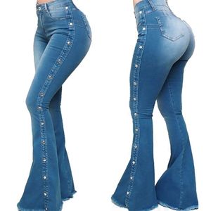 Mulheres Denim Flare Calças Senhoras Sexy Novo Moda Slim Cintura Alta Cintura Grande Perna Calças de Jeans Verão Bolso Longo Calças para LJ201029