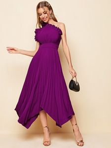 One Shoulder Ruffle Detail Pleated Hanky Hem Dress SHE