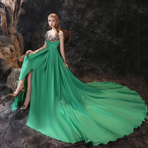 Seksi Yeşil Gelinlik Modelleri Bir Omuz Dantel Saten Yüksek Yan Bölünmüş Balo Abiye Sweep Tren Özel Durum Elbise Örgün Elbise Abiye giyim