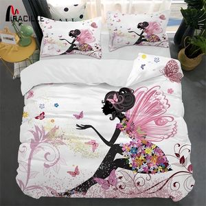 Miracille Rosa Fada Bedclothes 3D Impressão Duveta Capa Fronha Conjunto para Girl Bedroom Conjuntos Home Têxteis Gêmeos Têxteis Tecido Tabela 201210