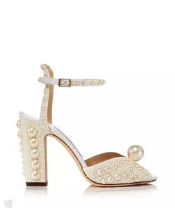 Elegante estilo de verão vestido de casamento nupcial sapatos sacora senhora sandálias pérolas couro marcas luxo saltos altos mulheres andando com caixa EU35-43