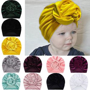 Baby Girls Golden Velvet Indiska hattar Spädbarn Knitted Blommor Kepsar Barn Utomhus Slouchy Beanies Toddler Caps Spädbarn Kepsar 11 färger