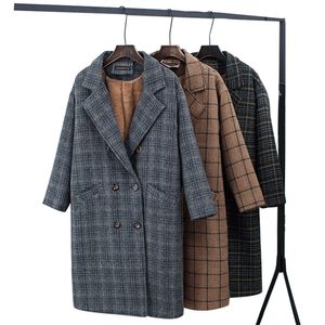 겨울 체크 벨벳 여성용 코트 양털 노치 따뜻한 체크 무늬 모직 코트 여성 두꺼운 여성 재킷 긴 오버 코트 201210