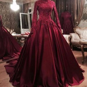 Burgundy Satin Long Sleeves High Neck Muslim Arabic Prom Dresses 2021 Lace Applique Beaded Formal Evening Gowns Vestidos De Fiesta AL8111