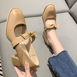 2022 Square Toe Beige High Heels Shallow Mouth Bow Shoes Sandals Ladies Branded Pumps Slip On Lace-Up Latest Spring 12cm African