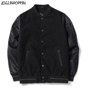 Men PU Leather Sleeve Woolen Varsity Baseball Jacket Stand Collar Black Preppy Japan Style Male Outerwear Autumn LJ201013