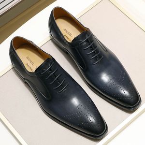 New Genuine Leather Men's Dress Shoes Handmade Office Business Wedding Blue Black Luxury Lace Up Formal Oxfords Mens Shoes