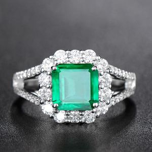 2021 Luksusowy 925 Sterling Silver Color Pierścień Kwadrat Szmaragd Gemstone Pierścienie Dla Kobiet Cyrkon Diament Zaręczyny Biżuteria ślubna