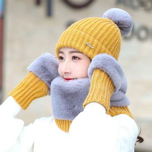 4pcs/set Knitted Beanie Caps Scarf Set With Ski Gloves Lovely Women Beanies Hats Keep Warm Winter Thermal Outdoors Activities Cycling & Mask