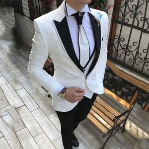 Mais recente casaco calças projetos ternos brancos para homens casamento magro fit terno formal homens noivo tuxedo pico traje de baile homme mariage 201105