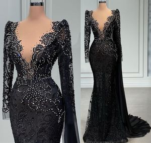 Plus Size Arabic Aso Ebi Black Mermaid Luxurious Prom Dresses Beaded Crystals Evening Formal Party Second Reception Birthday Engagement Gowns Dress Zj330