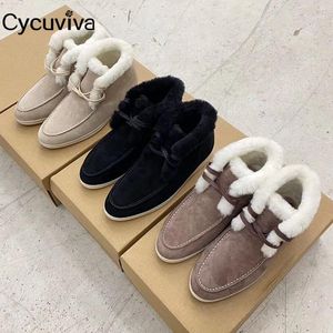 Boots High Quality Wool Winter Lace Up Flat Shoes Women Top Cow Suede Ankle Femme Runway Apricot Short Women's