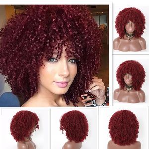 Afro kinky lockigt syntetisk peruk simulering mänskligt hår perruques de cheveux humeins kort bobo pelucas burgundy peruker js024