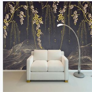 atmosférica moderna de ouro ramo de salgueiro papéis de parede do fundo da parede TV 3d murais papel de parede para sala de estar