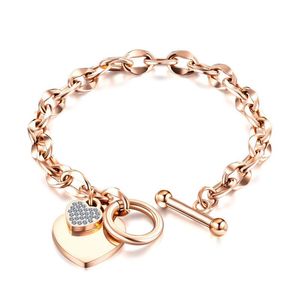 Diamante Zircônia coração encantos pulseira designer de moda 316L aço inoxidável link corrente pulseira jóias para mulher presentes meninas rosa ouro