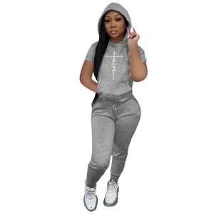 New Wholesale Jogger suits Faith Outfits Women Two Piece Set Short Sleeve Hooded T Shirt Sweatpants Matching Set Summer tracksuits running sports suit Bulk 6926