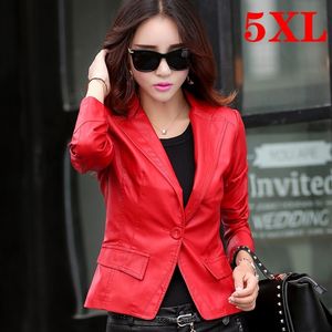 Vermelho Faux Leather Blazers Mulheres Feminino Magro Moda Curto Plus Size Azul PU Preto PU Casaco de Couro Casaco 5XL Mulher 201030