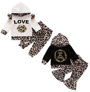 Leopard Baby Girl Stroje Z Długim Rękawem Z Kapturem Spodnie Flare Zestawy Niemowlęta Dorywczo Rompere z Hat Pullover Boutique Baby Clothing Set Lsk1923