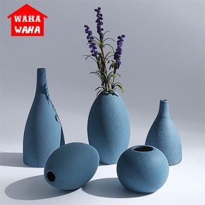 Blue Frosted Ceramic Vases Flower Receptacle Tabletop Vase Classic China Arts and Crafts Home Decor Furnishing Creative Gift LJ201208