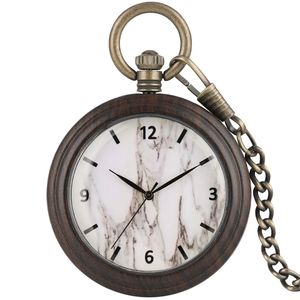 古典的な黒檀の木製の懐中時計白い大理石のダイヤルの懐中時計青銅のペンダントチェーンギフト男性女性T200502