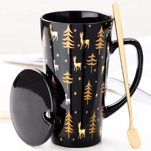 Creative Black White Mug Set Couple Cup with Lid Spoon Personality Milk Juice Coffee Tea Water Cups Easy Carry Travle Home Mug T200506