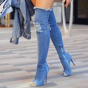 Sexiga stövlar kvinnor lår höga stövlar över knä hög bottes peep tå pumpar hål blå klackar dragkedja denim jeans skor botas mujer y200115