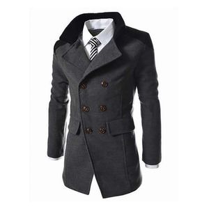 남자를위한 새로운 영어 스타일 재킷 가을 겨울 만다린 칼라 양모 블렌드 더블 브레스트 코트 두꺼운 외투