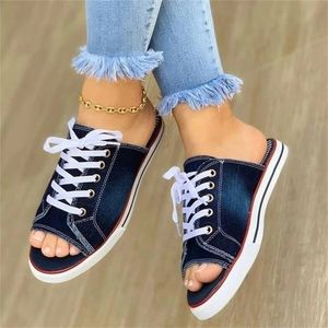 Terlik Kadın Sandalet Denim Düz Ayakkabı Bayanlar Yaz Peep Toe Ev Kadın Dantel Yukarı Günlük moda kadın Konforlu Square Y201026 GAI GAI GAI