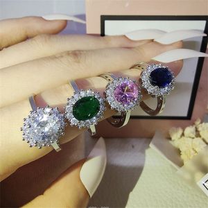 Anéis de casamento mais vendidos da Ins Jóias de moda simples Prata esterlina 925 Corte oval Azul Safira Pedras preciosas Esmeralda CZ Diamante Festa de noivado de princesa Anel de presente