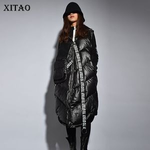 Xitao Streetwear Мода Новые Женщины Зимний Воротник поворота Полный Рукавом Жилет Женский Лоскуж [Pcker Письмо Жилет ZLL2158 201027