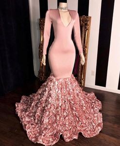 New Arrival Dubai Arabski Blush Różowy Suknie Wieczorowe Głębokie V Neck 3D Rose Kwiaty Plus Rozmiar Formalna Sukienka Wieczorowa Party Nosić Vestido De Novia