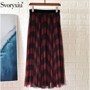 Wholesale velvet skirts resale online - Svoryxiu Designer Fashion Black Red Lattice Mesh Pleated Skirt Women s High Quality Velvet High Waist Long Skirt New Y200326