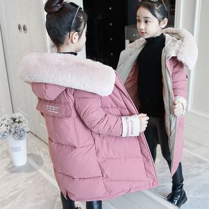 어린이 겨울 소녀 의류 키즈 옷을 입은 코튼 자켓 따뜻한 두꺼운 파카 모피 칼라 후드 롱 겉옷 코트 3-13 y LJ201126