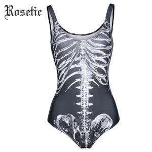 Rosetic Gothic Bodysuits Women Summer Black Print Skull Bone Thin Rompers Shorts Swimwear Fashion Sexy Harajuku Goth Bodysuits T200701