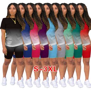 그라디언트 여성 Tracksuits 디자이너 두 조각 복장 캐주얼 스포츠 짧은 소매 티셔츠 바이커 반바지 정장 플러스 사이즈 레이디 옷 2022