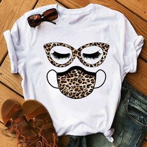 Mode Kvinnor T Shirt Leopard Face Mask Eyelash Print Tee Kvinna Kortärmad Toppar Harajuku T-shirts 90s Girls