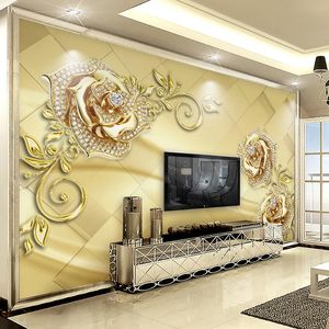 Custom Luxury 3D Stereoscopic Golden Flower Jewelry Living Room TV Background Wall Murals Waterproof Silk Cloth Wallpaper Mural