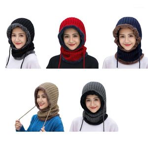 Frauen Winter Warme Kabel Strickmütze Plüsch Gefüttert Casual Outdoor Ski Winddicht Volle Abdeckung Kordelzug Earflap Kapuze Kappe Hals Schal1