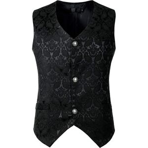 Svart Steampunk Suit Vest Men Gothic Victorian Single Breasted Brocade Medeltida Halloween Cosplay Jacquard Waistcoat Kostym 3XL 201014