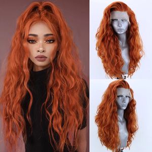 Orange värmebeständig fiber hår syntetiska peruker för kvinnor lång kropp våg full spets front peruk cosplay peruk med sidodel