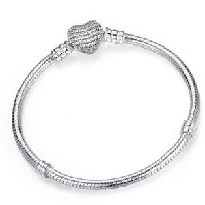Brand New Luxury Jewelry Pure 925 Sterling Silver Pave White Sapphire CZ Diamond Gemstones Heart Bangle PartyWomen Snake Chain Bracelet Gift