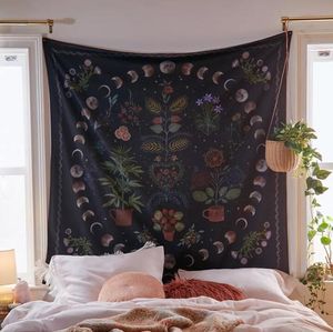 Moon phase plant heaven flower wall boho wall tapestry hippie flower dormitory decoration starry sky carpet Inventory Wholesale