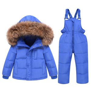 Dzieci Zestaw odzieży zimowej -30 stopnia w dół płaszcz dla niemowląt + spodnie Dziewczyna dziewczyna narciarnia dla chłopców ubrania dla dzieci kombinezon lj201125