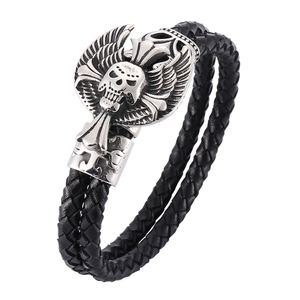 Custom Mens Braided Genuine Leather Double Layer Band Bracelet Retro Cross Skull Wings Clasp inch