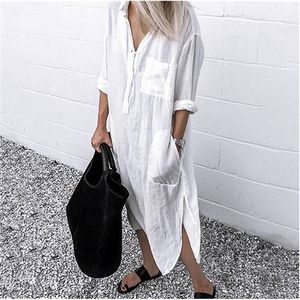 Plus -storlek bomullslinne kvinnor klänning vit lång ärm skjorta avslappnade kvinnliga klänningar höst strand mode lady kläder 220215