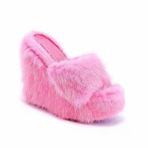 Fur Slippers Women's Wedge Heel Shoes Women High-heeled Furry Drag Fashion Outdoor All-match Shoes Slippers Furry Slides 220224