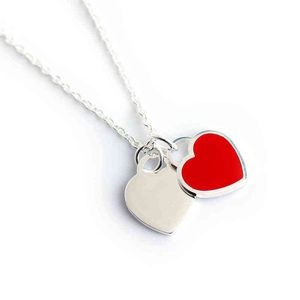 S925 Sterling Silver Enamel Peach Heart Necklace Double Heart Pendant Necklace Women's Clavicle Chain Women's Fashion Jewelry Y220307